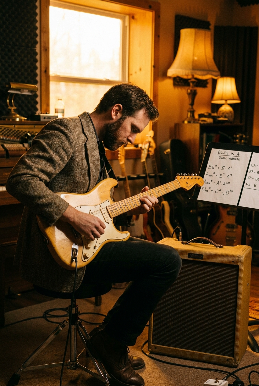 Chitarrista con elettrica single coil in studio