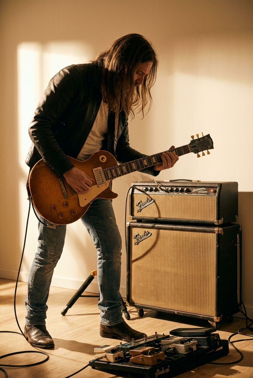 Chitarrista con humbucker in sala prove