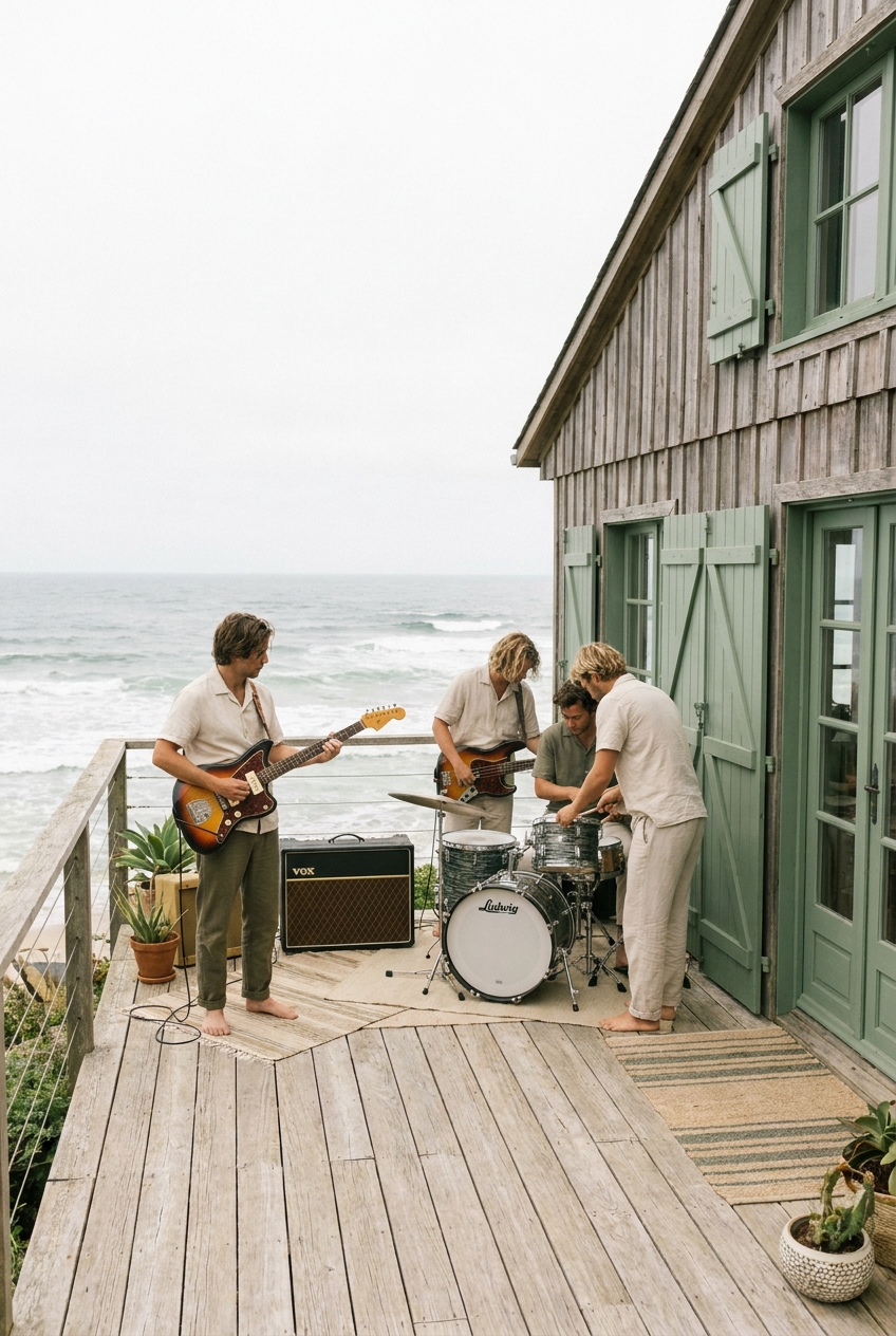 Band surf con chitarra offset sul terrazzo