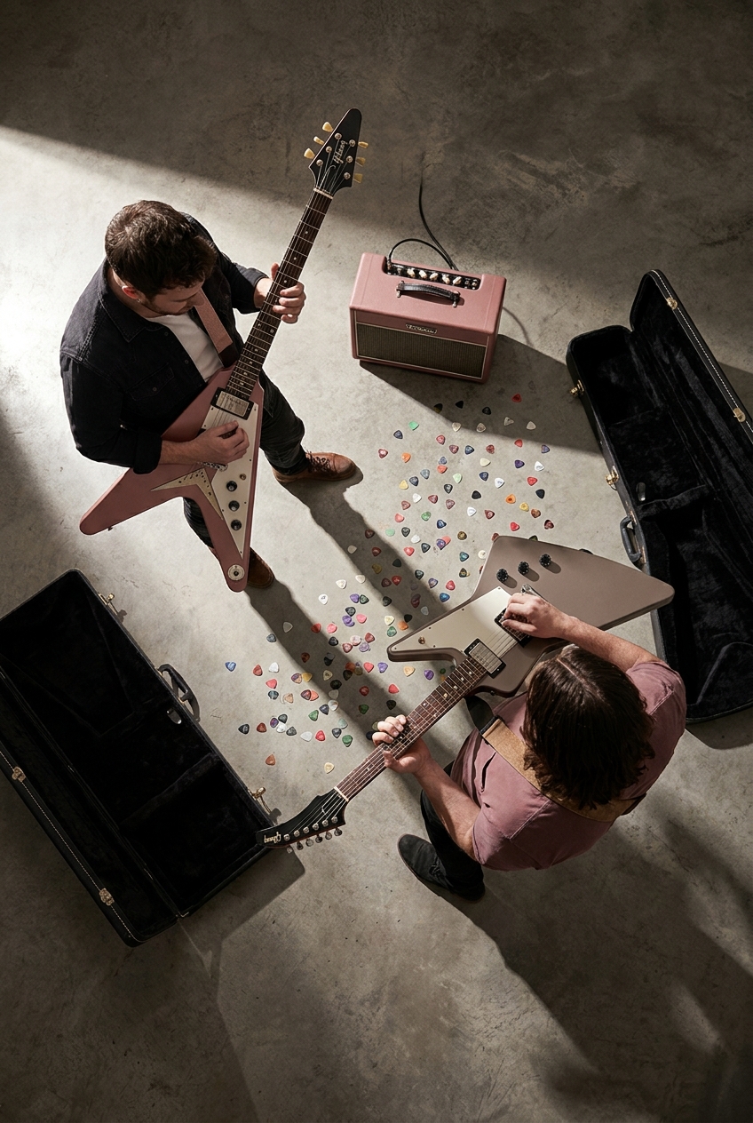 Musicisti con Flying V e Explorer dall’alto