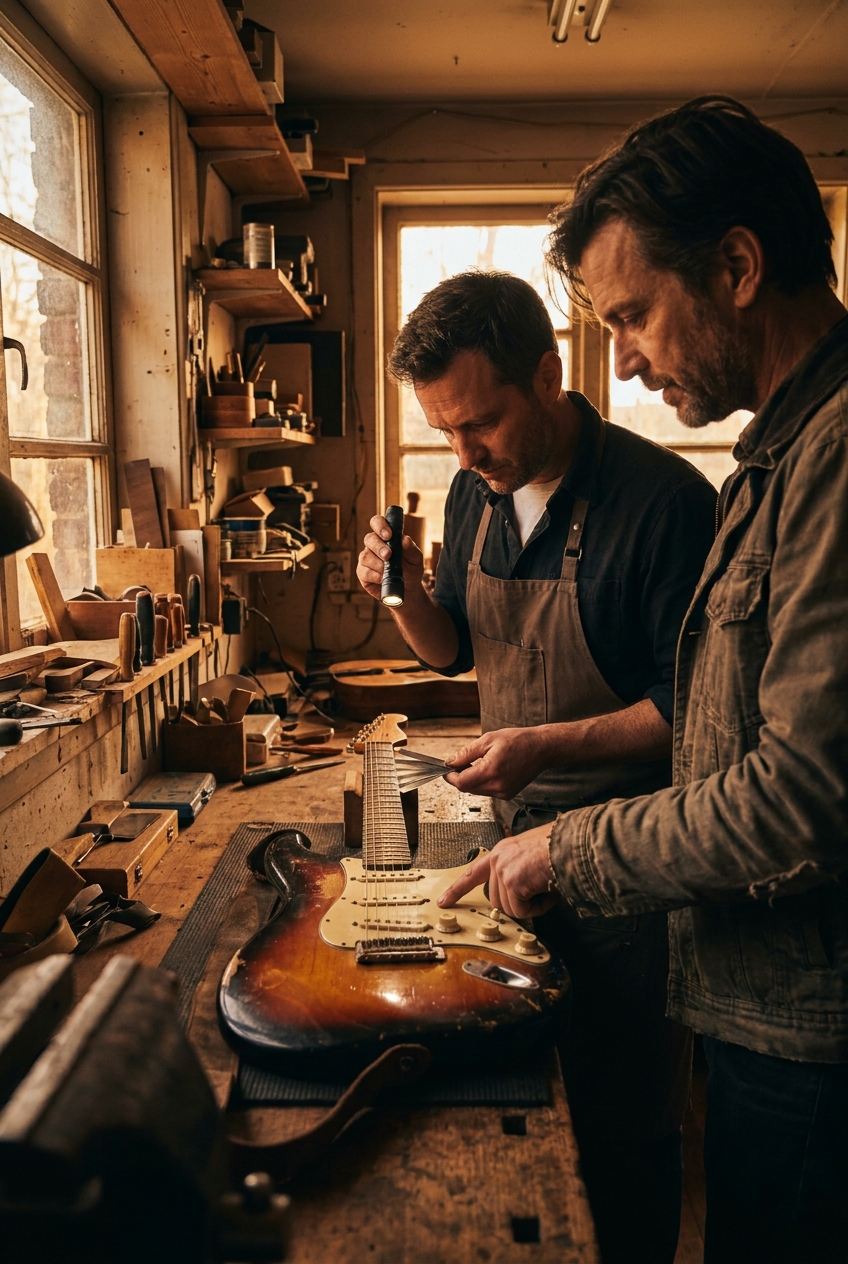 Liutaio e chitarrista ispezionano una chitarra vintage