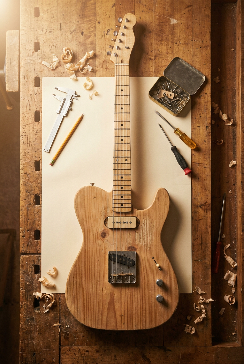 Chitarra solid body vintage su banco di liuteria